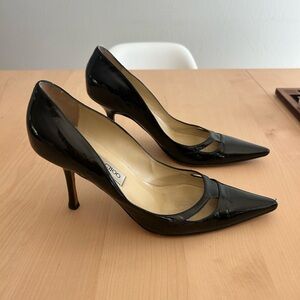 Jimmy Choo patent leather cutout accent pumps size 10.5. Heels 3.5”